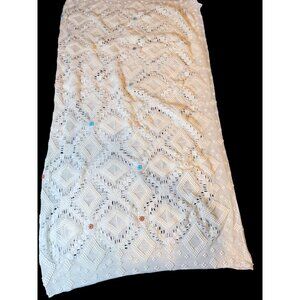 Vtg Handcrafted Whiter Knit Crochet Blanket With Colorful Flowers 67”x61”